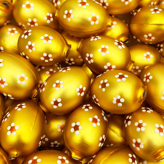1 Matte Light Yellow Large Blown Glass Egg Bead with White Flowers ~ 1-1/8"