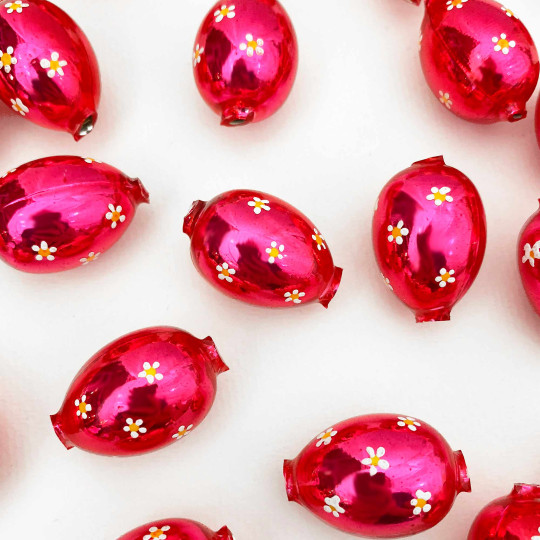 1 Medium Pink Large Blown Glass Egg Bead with White Flowers ~ 1-1/8"