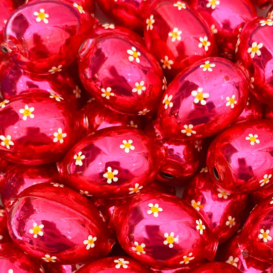 1 Medium Pink Large Blown Glass Egg Bead with White Flowers ~ 1-1/8"