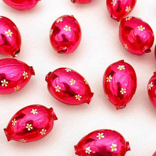 1 Medium Pink Large Blown Glass Egg Bead with White Flowers ~ 1-1/8"