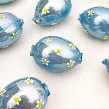 1 Pearl Light Blue Large Blown Glass Egg Bead with White Flowers ~ 1-1/8"