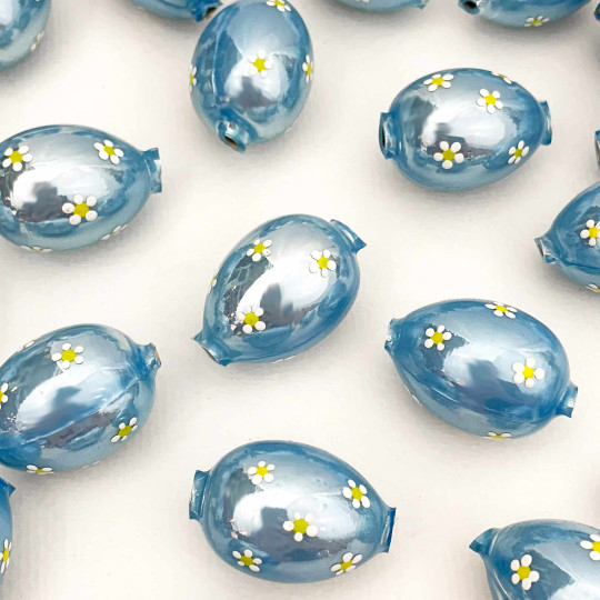 1 Pearl Light Blue Large Blown Glass Egg Bead with White Flowers ~ 1-1/8"