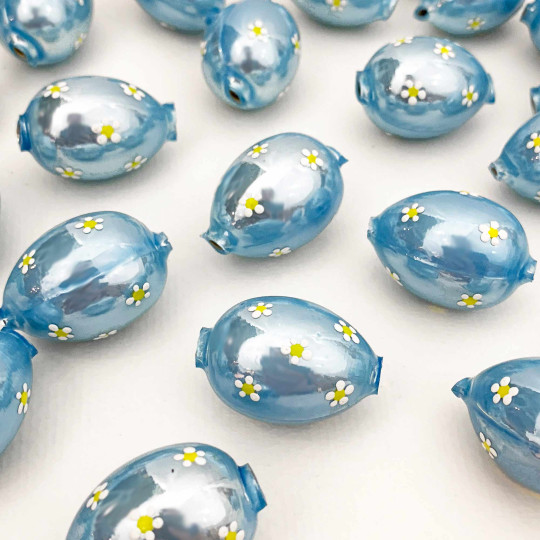 1 Pearl Light Blue Large Blown Glass Egg Bead with White Flowers ~ 1-1/8"