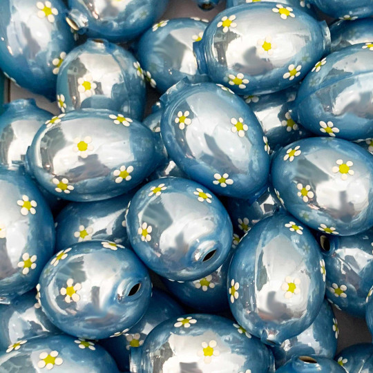 1 Pearl Light Blue Large Blown Glass Egg Bead with White Flowers ~ 1-1/8"