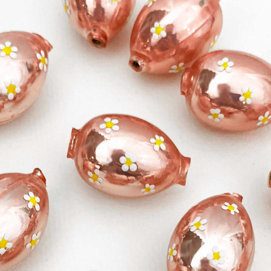 1 Pearl Rose Pink Large Blown Glass Egg Bead with White Flowers ~ 1-1/8"