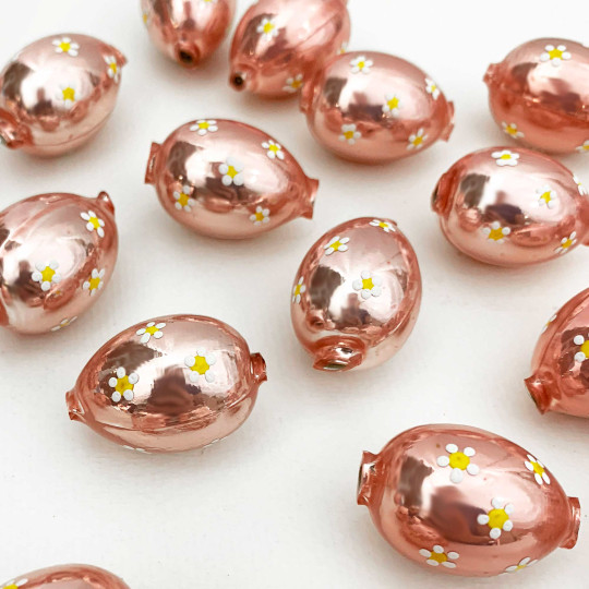 1 Pearl Rose Pink Large Blown Glass Egg Bead with White Flowers ~ 1-1/8"