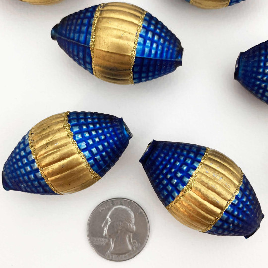 1 Jumbo Matte Bright Blue and Gold Fantasy Barrel Bead 1-7/8" ~ Czech Republic