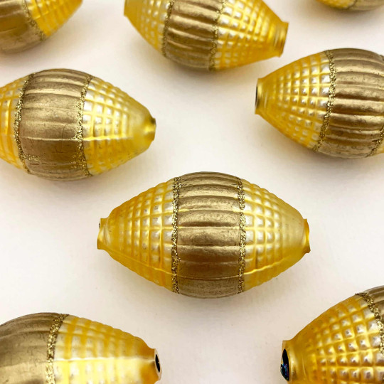1 Jumbo Matte Pale Yellow and Gold Fantasy Barrel Bead 1-7/8" ~ Czech Republic