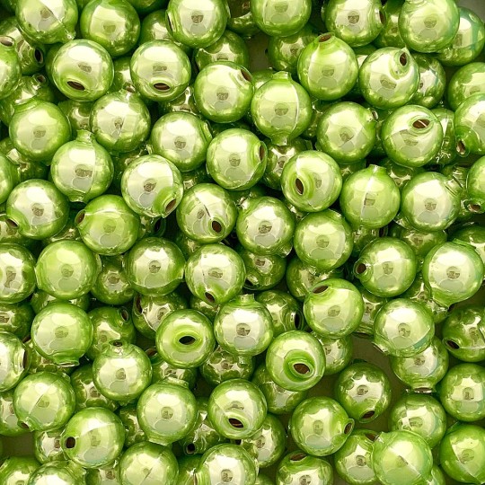 10 Pearl Green Round Glass Beads 14 mm ~ Czech Republic