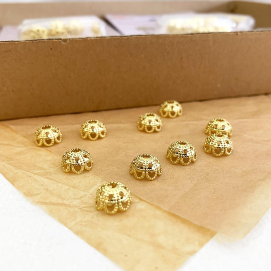 10 Small Filigree Bead Caps ~ Gold ~ Czech Republic