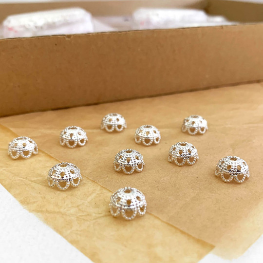 10 Small Filigree Bead Caps ~ Silver ~ Czech Republic