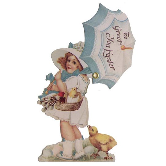 Victorian Girl with Umbrella Moving Easter Card