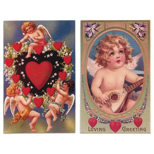 Pair of Old Fashioned Cherub Valentine Postcards