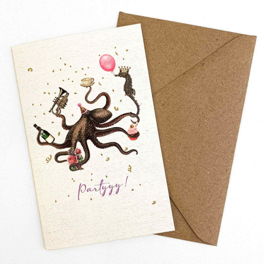 Whimsical Octopus Party Glittered Card ~ Germany