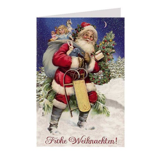 Santa with Sled and Toys Glittered Christmas Card ~ Germany