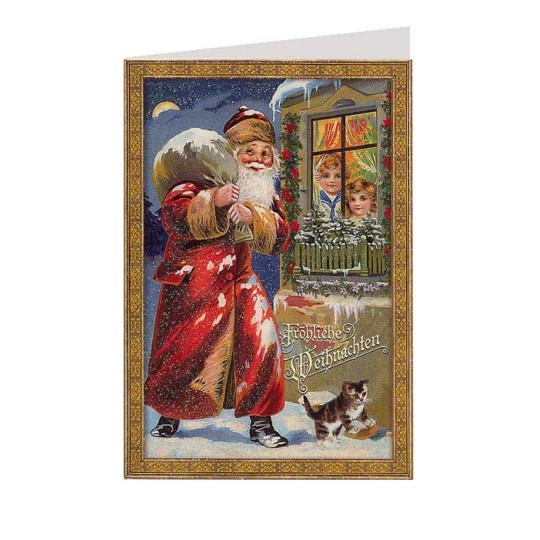 Santa at the Front Window Glittered Christmas Card ~ Germany