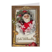 Santa with Golden Frame Glittered Christmas Card ~ Germany