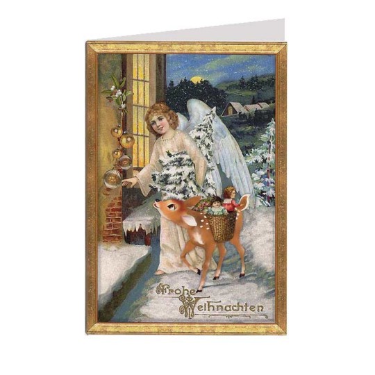 White Angel with Deer Glittered Christmas Card ~ Germany