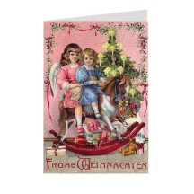 Angels with Rocking Horse Glittered Christmas Card ~ Germany