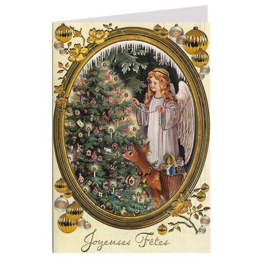 Angel Decorating Tree with Deer Gold Stamped Christmas Card ~ Germany