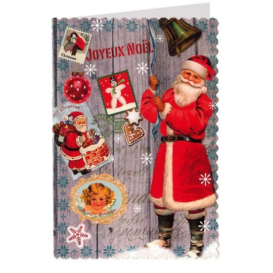 Classic Santa Christmas Collage Glittered Christmas Card ~ Germany