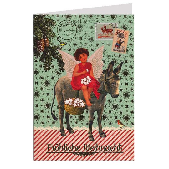 Angel with Burro Foil Stamped Christmas Card ~ Germany