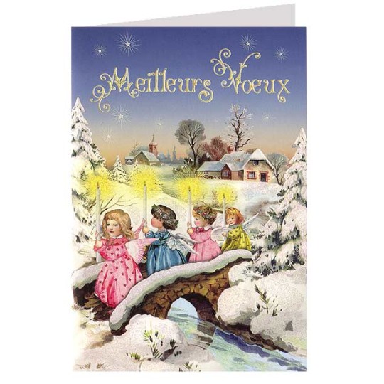 Christmas Angels with Candles Glittered Christmas Card ~ Germany