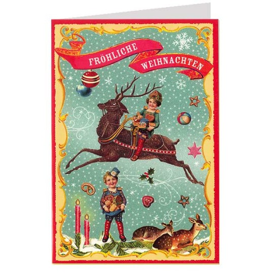 Children with Reindeer and Sweets Colorful Glittered Christmas Card ~ Germany