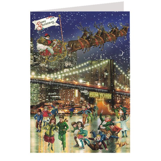 Merry Christmas from New York Brooklyn Bridge Skaters Glittered Christmas Card ~ Germany