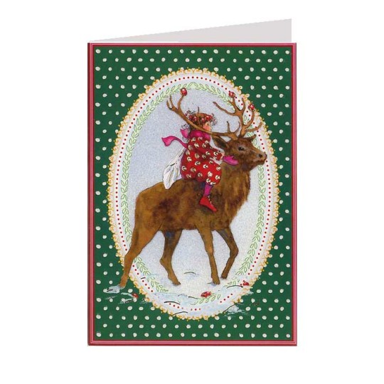 Green Polka Dot Fairy and Reindeer Christmas Card ~ Germany