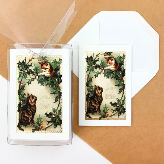 Cats with Greenery Christmas Cards Boxed Set ~ 10 Cards + 10 Envelopes ~ Rossi Italy