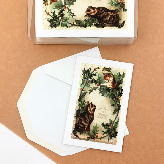 Cats with Greenery Christmas Cards Boxed Set ~ 10 Cards + 10 Envelopes ~ Rossi Italy