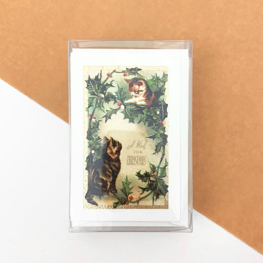 Cats with Greenery Christmas Cards Boxed Set ~ 10 Cards + 10 Envelopes ~ Rossi Italy