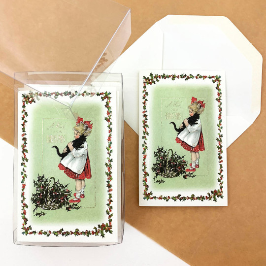 Girl Holding Cat Christmas Cards Boxed Set ~ 10 Cards + 10 Envelopes ~ Rossi Italy