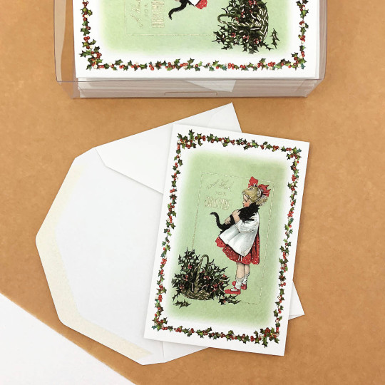 Girl Holding Cat Christmas Cards Boxed Set ~ 10 Cards + 10 Envelopes ~ Rossi Italy