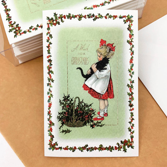 Girl Holding Cat Christmas Cards Boxed Set ~ 10 Cards + 10 Envelopes ~ Rossi Italy
