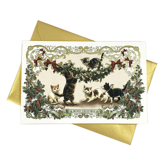 Cats with Greenery Italian Christmas Card with Gold Highlights ~ Rossi Italy