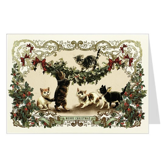 Cats with Greenery Italian Christmas Card with Gold Highlights ~ Rossi Italy