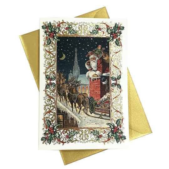 Santa Claus Down the Chimney Italian Christmas Card with Gold Highlights ~ Rossi Italy