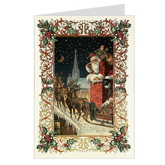 Santa Claus Down the Chimney Italian Christmas Card with Gold Highlights ~ Rossi Italy