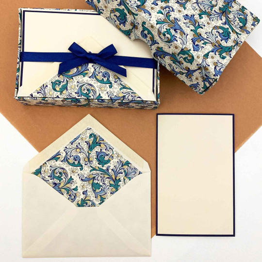 Italian Stationery Folded Card Set ~ 10 Cards + 10 envelopes ~ Rossi Blue Florentine with Gold Highlights