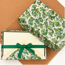 Italian Stationery Folded Card Set ~ 10 Cards + 10 envelopes ~ Rossi Green Florentine with Gold Highlights