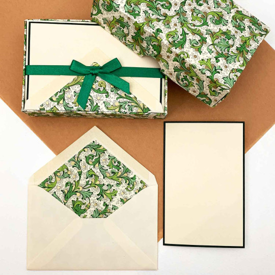 Italian Stationery Folded Card Set ~ 10 Cards + 10 envelopes ~ Rossi Green Florentine with Gold Highlights