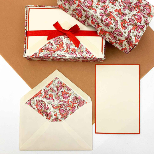 Italian Stationery Folded Card Set ~ 10 Cards + 10 envelopes ~ Rossi Red Florentine with Gold Highlights