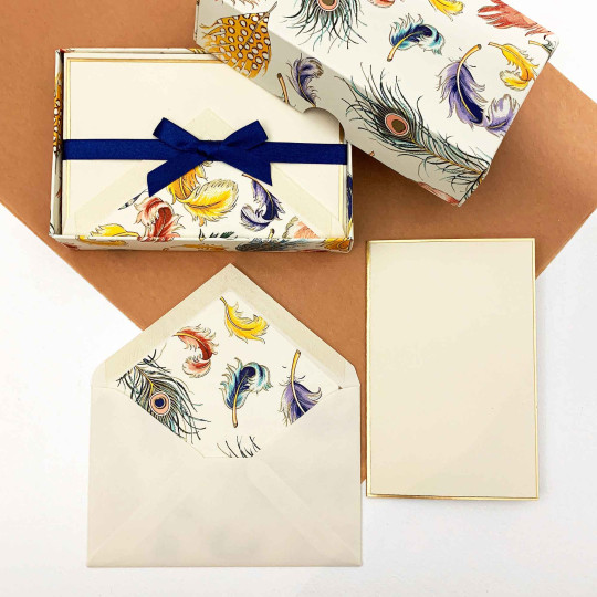 Italian Stationery Folded Card Set ~ 10 Cards + 10 envelopes ~ Rossi Mixed Feathers with Gold Highlights