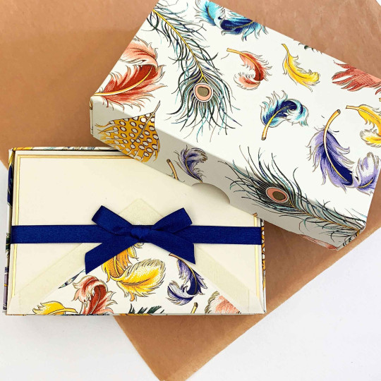 Italian Stationery Folded Card Set ~ 10 Cards + 10 envelopes ~ Rossi Mixed Feathers with Gold Highlights