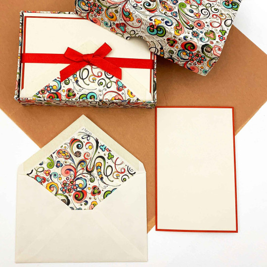 Italian Stationery Folded Card Set ~ 10 Cards + 10 envelopes ~ Rossi Art Nouveau Swirl with Gold Highlights