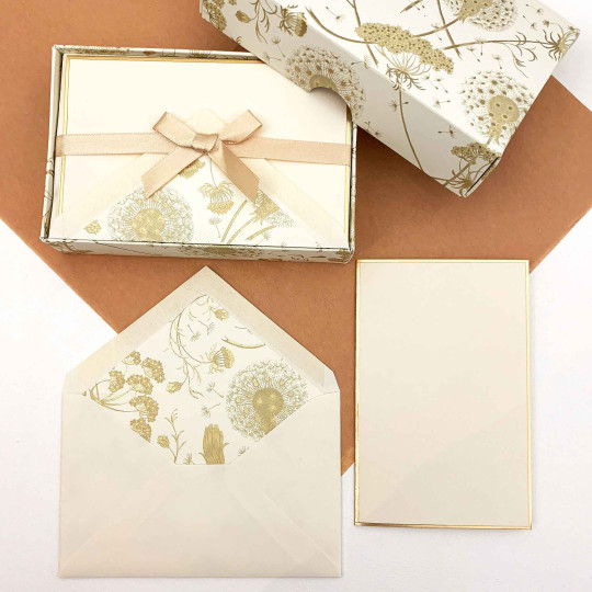 Italian Stationery Folded Card Set ~ 10 Cards + 10 envelopes ~ Rossi Golden Dandelions Florentine with Gold Highlights