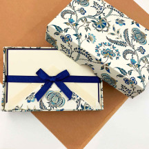 Italian Stationery Folded Card Set ~ 10 Cards + 10 envelopes ~ Rossi Blue Floral Florentine with Gold Highlights
