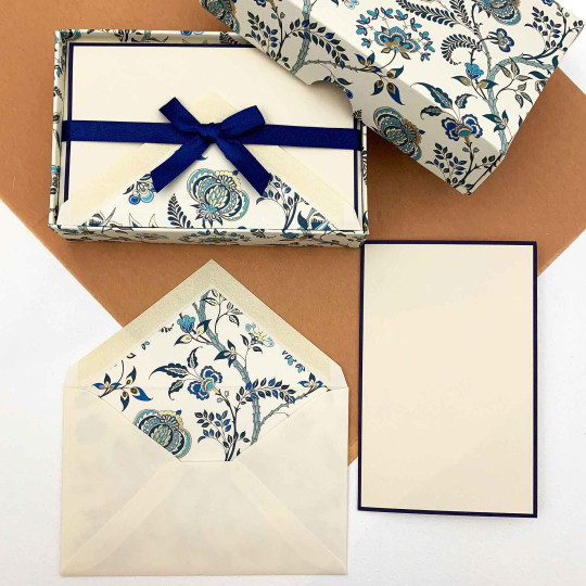 Italian Stationery Folded Card Set ~ 10 Cards + 10 envelopes ~ Rossi Blue Floral Florentine with Gold Highlights